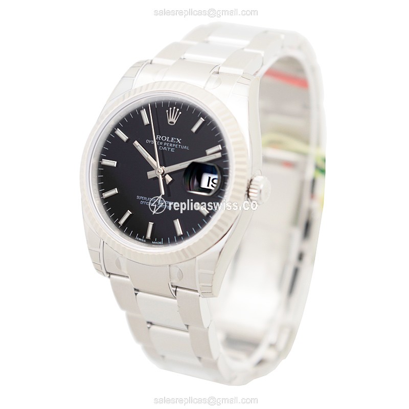 Rolex DATEJUST Replica - Automatic - White Gold - Black Dial, Steel Clasp & Strap - View 3