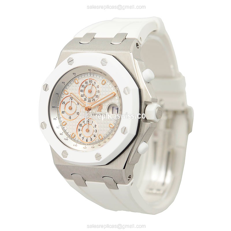 Audemars Piguet Royal Oak Offshore Replica - Automatic - Steel Case - Silver Dial - White Rubber Strap - View 3