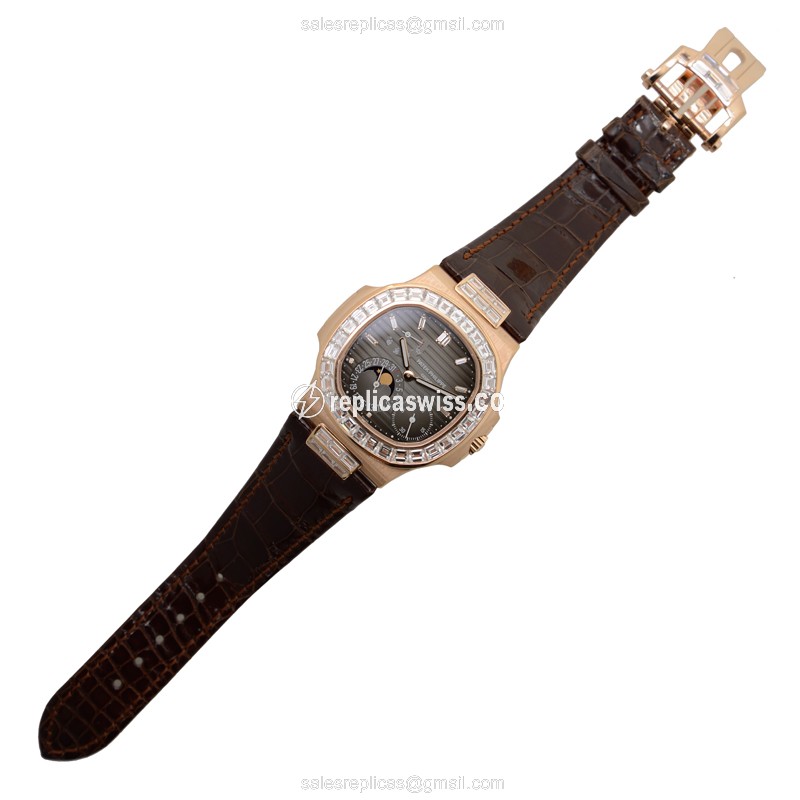 Patek Philippe 5724R-001 Replica - Automatic - 18kt Rose Gold - Diamond Bezel - Black Dial - Brown Alligator Strap - View 2