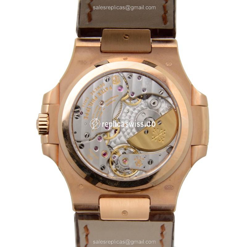 Patek Philippe 5724R-001 Replica - Automatic - 18kt Rose Gold - Diamond Bezel - Black Dial - Brown Alligator Strap - View 3