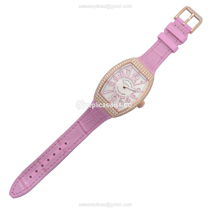 Franck Muller V32QZD Vanguard Quartz 18kt Rose Gold Diamond White Dial Buckle Pink Strap - View 2
