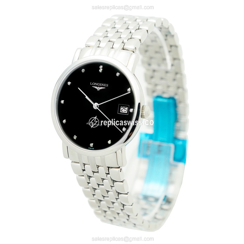 Longines L4.809.4.57.6 Replica - Automatic - Steel Case - Black Dial on Silver Strap - View 3