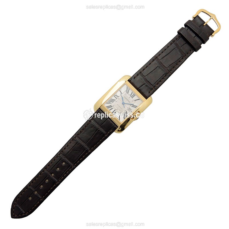 Cartier TANK W5310030 - Automatic 18kt Gold/Steel - Silver Dial - Brown Alligator Strap - View 2