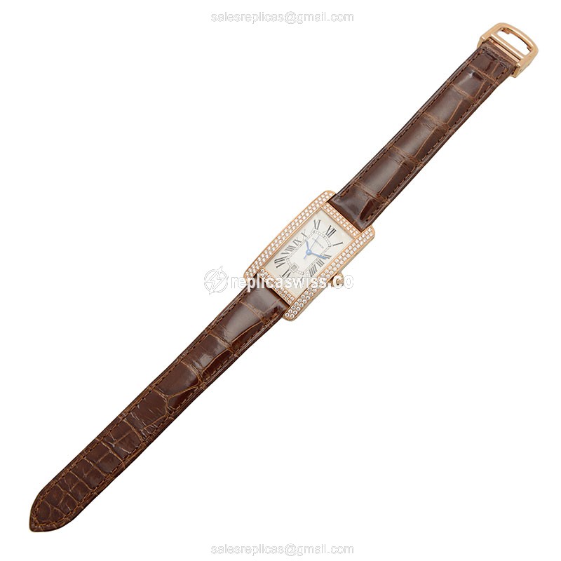 Cartier TANK WB704751 Replica - Automatic - 18kt Rose Gold - Diamond - Silver - Brown Alligator - View 2