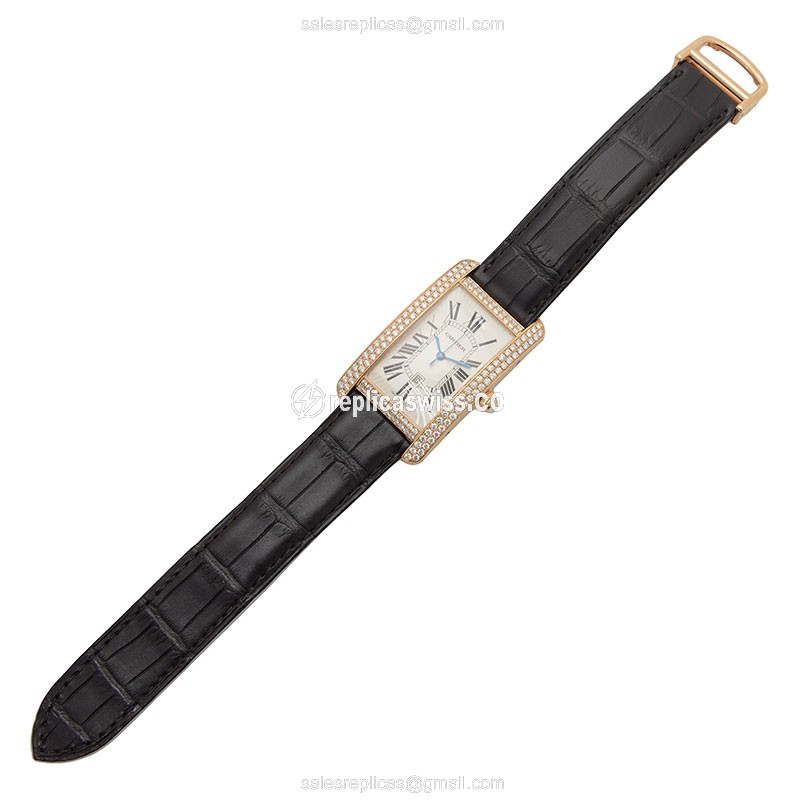 Cartier TANK Replica - 18kt Rose Gold - Diamonds - Silver Dial - Black Alligator Strap - View 2