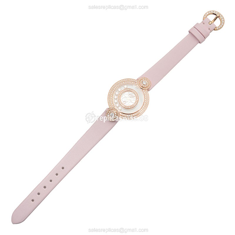 Chopard Happy Diamonds Quartz 18kt Rose Gold - Skull Dial - Pink Satin Strap - Buckle Clasp - View 2