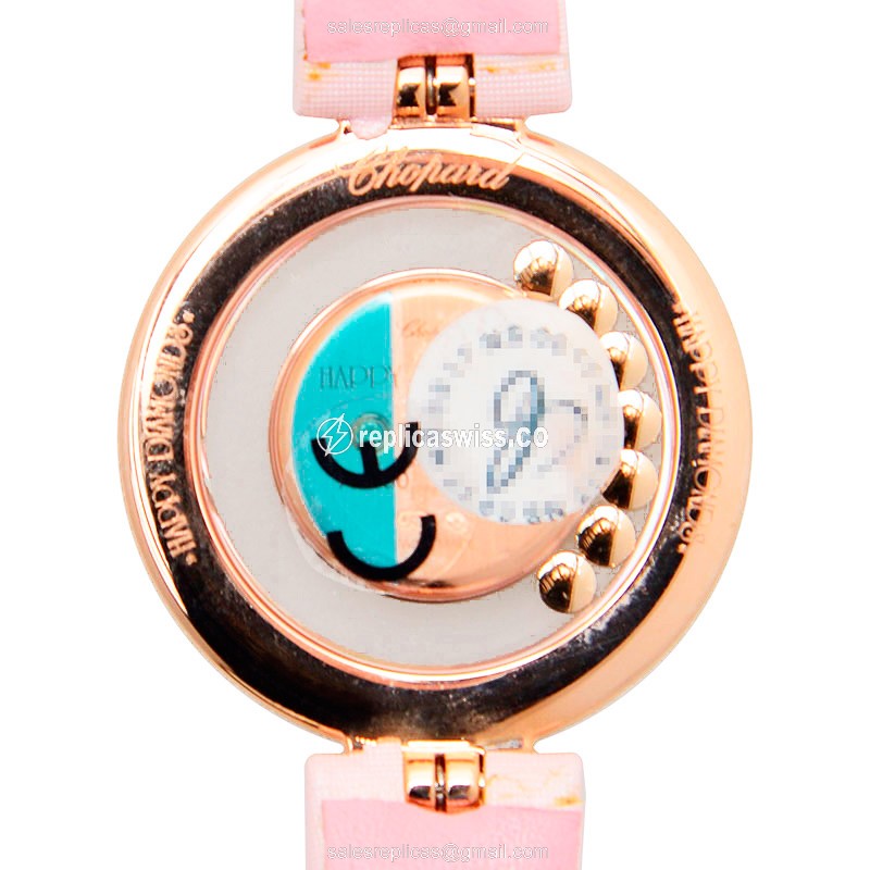 Chopard Happy Diamonds Quartz 18kt Rose Gold - Skull Dial - Pink Satin Strap - Buckle Clasp - View 3