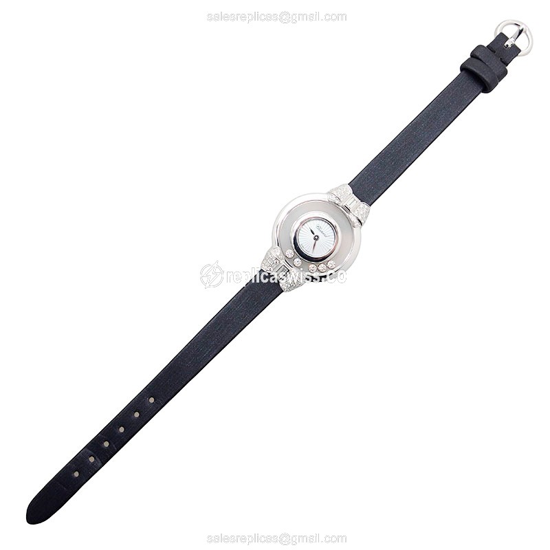 Chopard Happy Diamonds Quartz 18kt White Gold - Skull Dial - Silk Black Strap - Buckle Clasp - View 2