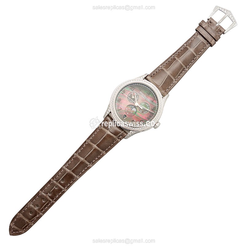 Patek Philippe 4948G-001 Replica - Automatic - 18kt White Gold - Diamond - Black Dial - Brown Alligator Strap - View 2