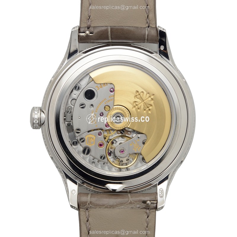Patek Philippe 4948G-001 Replica - Automatic - 18kt White Gold - Diamond - Black Dial - Brown Alligator Strap - View 3