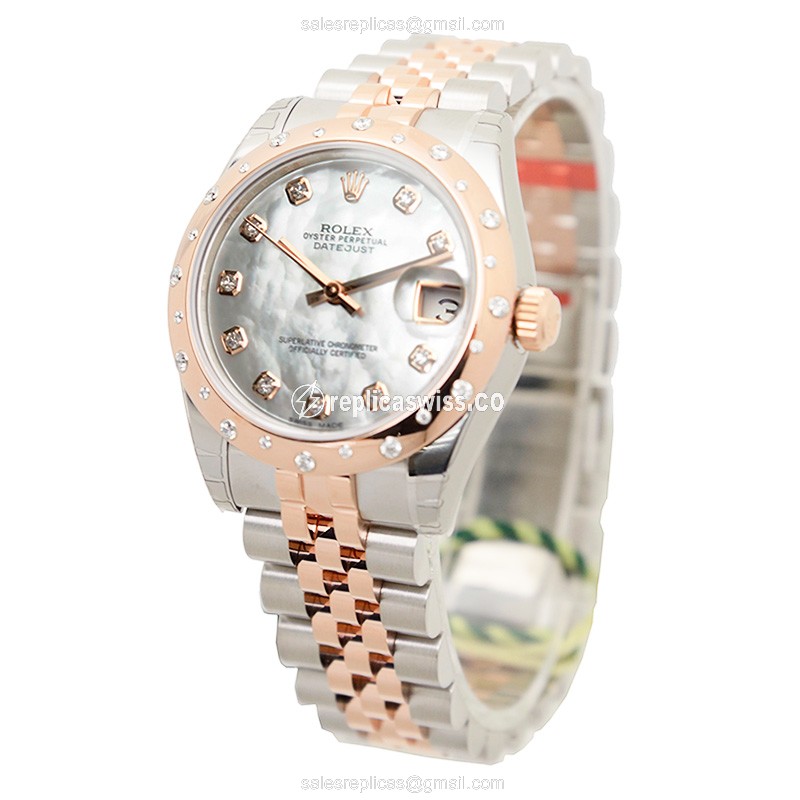 Rolex Datejust Replica - Automatic - 18kt Rose Gold - Diamond Bezel - Pink Strap - View 3