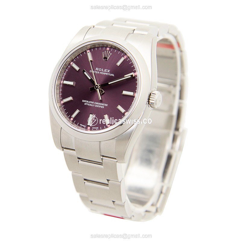 Rolex 114200PUR_O OYSTER PERPETUAL Replica - Automatic - Steel Case, Purple Dial on Silver - Steel Clasp & Strap - View 3