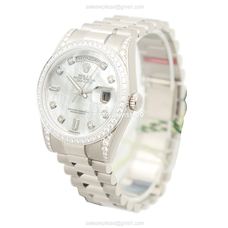 Rolex Day-Date Replica | Automatic | White Gold Case | Diamond Bezel - View 3