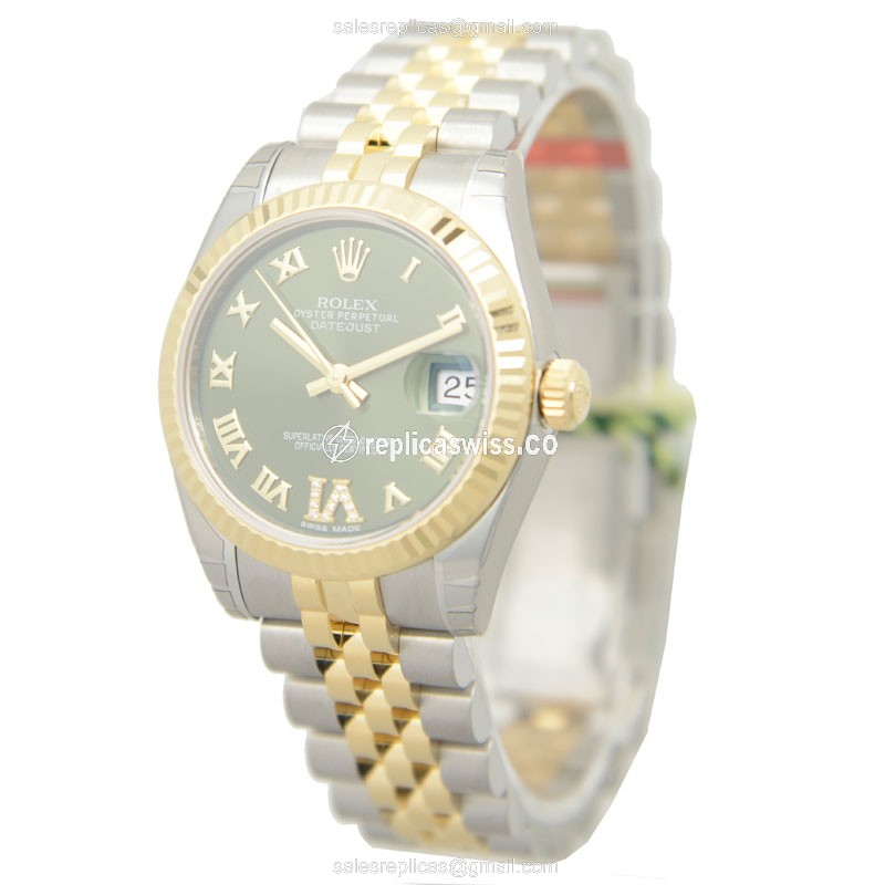 Rolex Datejust Lady Replica - Automatic - 18kt Gold & Steel - Green Dial - View 3