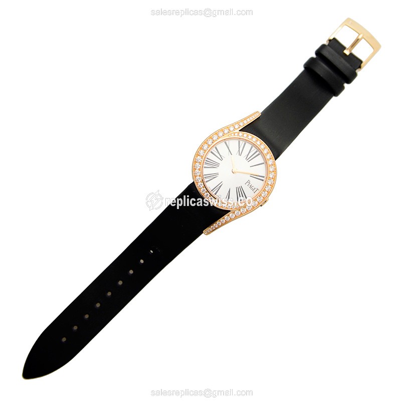 Piaget Limelight Replica - Manual Wind - 18kt Rose Gold - Diamond - Silver Dial - Black Satin Strap - View 2
