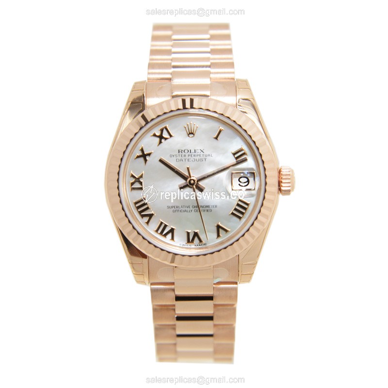 Rolex Lady Datejust Replica - Automatic - White Dial on Gold 18kt Strap - View 2