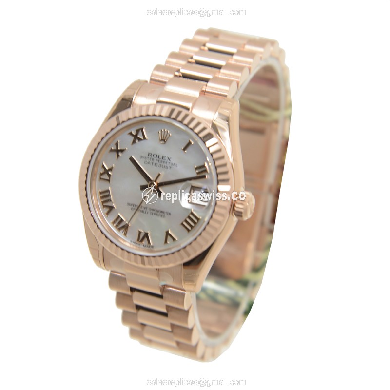 Rolex Lady Datejust Replica - Automatic - White Dial on Gold 18kt Strap - View 3