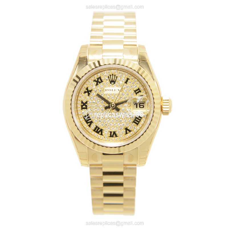 Rolex Lady Datejust Replica - 18kt Gold Case - Automatic - Gold Dial - Gold Strap - View 2