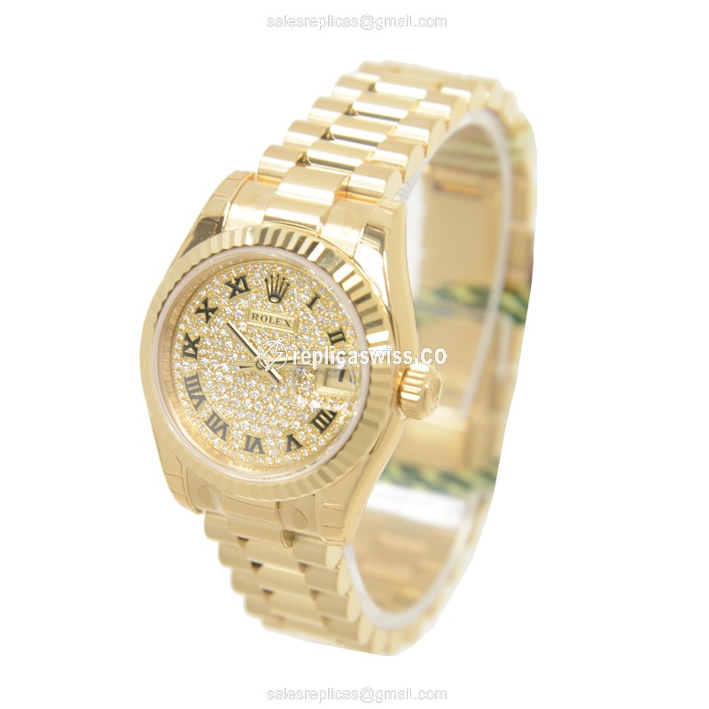 Rolex Lady Datejust Replica - 18kt Gold Case - Automatic - Gold Dial - Gold Strap - View 3