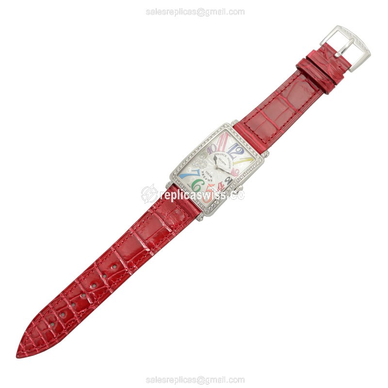 Franck Muller 952 QZ COL DRM D1R CD8 LONG ISLAND Replica - Automatic - Diamonds - Silver Dial, Red Alligator Strap - View 2
