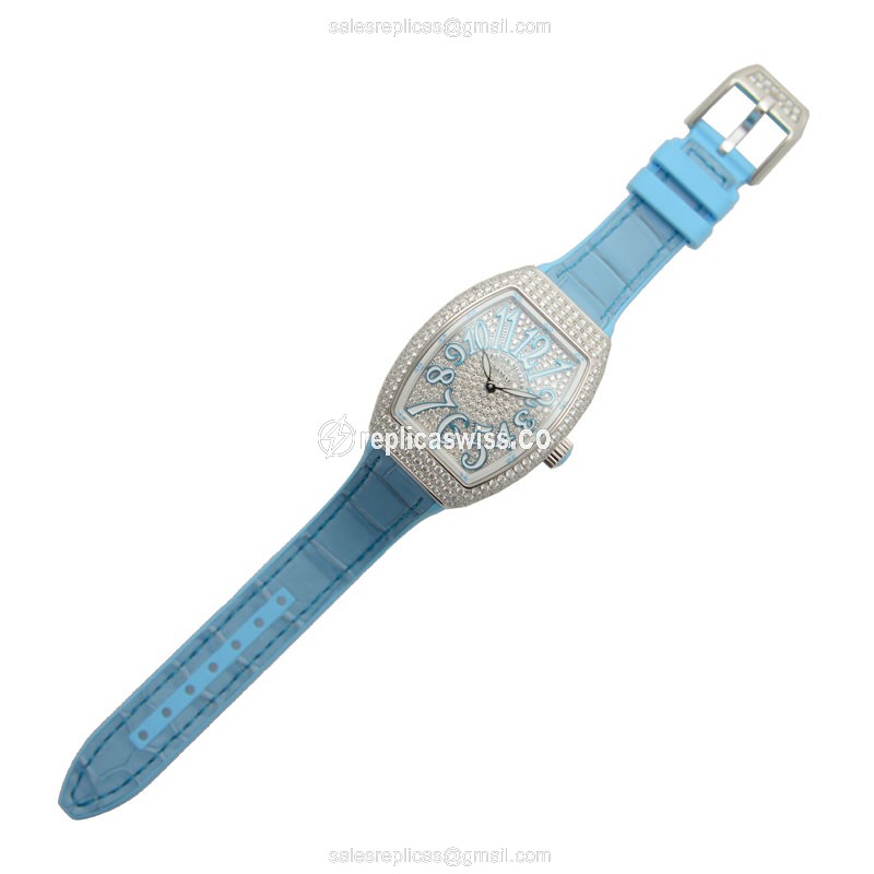 Franck Muller Vanguard Replica - Quartz - Stainless Steel Case, Diamond bezel - Silver Dial, Blue strap - View 2
