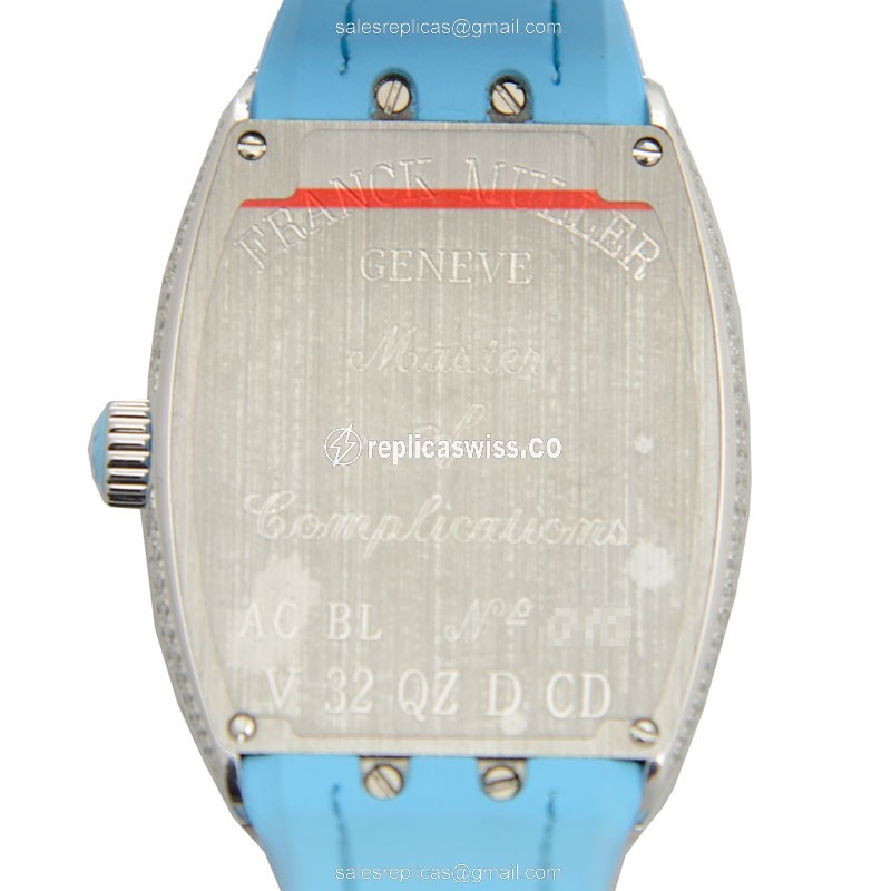 Franck Muller Vanguard Replica - Quartz - Stainless Steel Case, Diamond bezel - Silver Dial, Blue strap - View 3