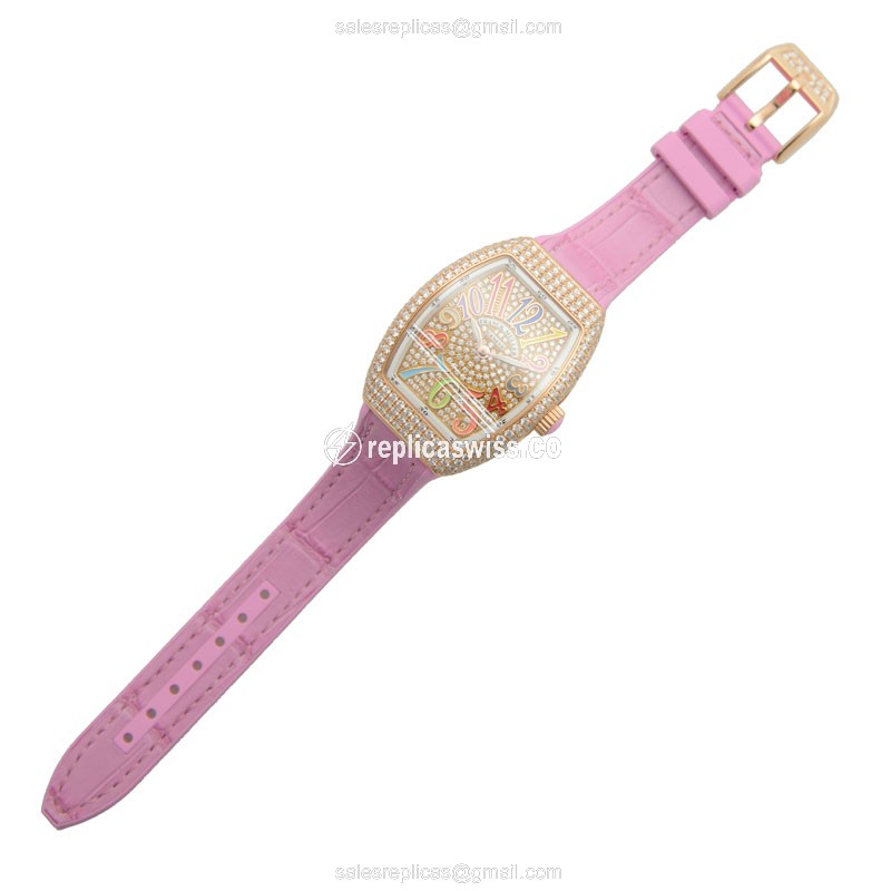Franck Muller V32QZ CD COL DRM - Quartz - 18kt Rose Gold - Diamonds - Pink Leather Strap - View 2