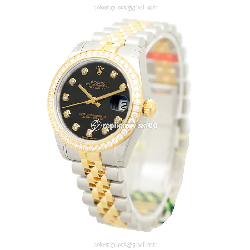 Rolex Datejust Replica - Automatic - 18kt Gold - Diamond Accents - Black Dial - View 3