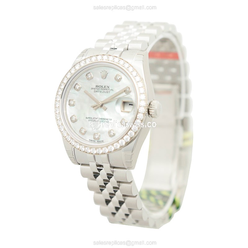 Rolex Datejust Replica - 18kt White Gold - Diamond Accents - Automatic - Silver Dial - Steel Band - View 3