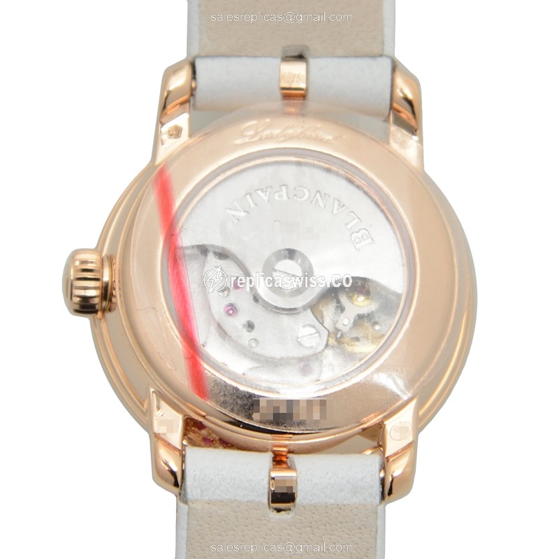 Blancpain Ladybird Replica - Automatic - 18kt Rose Gold - Diamond Set - Silver Dial - Leather Strap - White Buckle - View 3