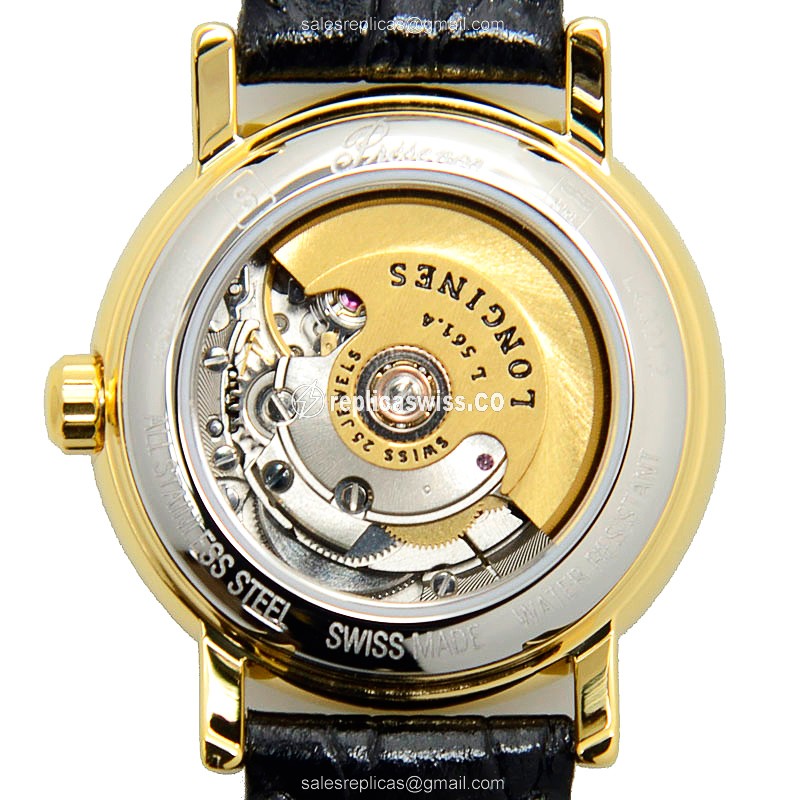 Longines Presence Replica - Automatic - Gold-Plated, Steel Case - White Dial, Black Leather Strap - View 3