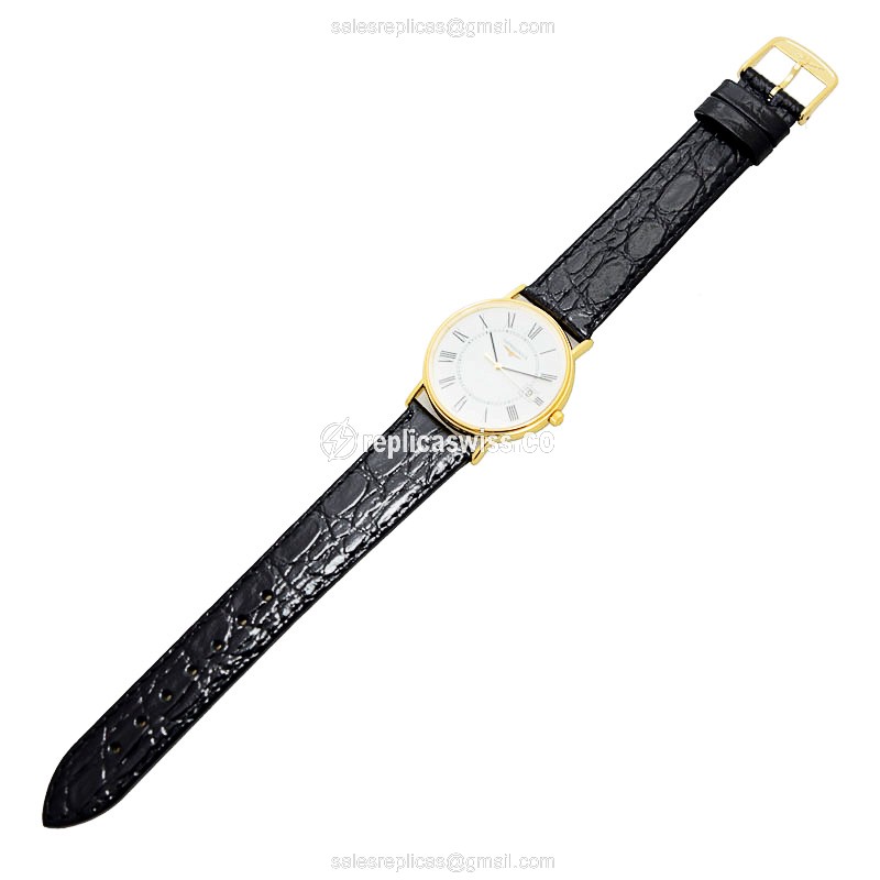 Longines Presence Replica - Quartz - PVD Gold Case, White Dial - Leather Strap, Buckle Clasp - View 2