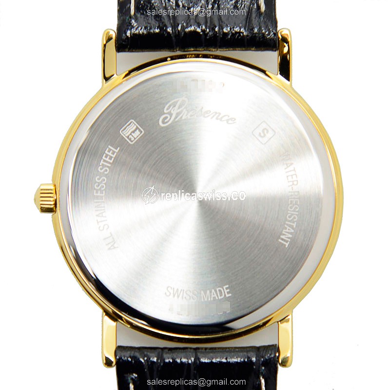 Longines Presence Replica - Quartz - PVD Gold Case, White Dial - Leather Strap, Buckle Clasp - View 3