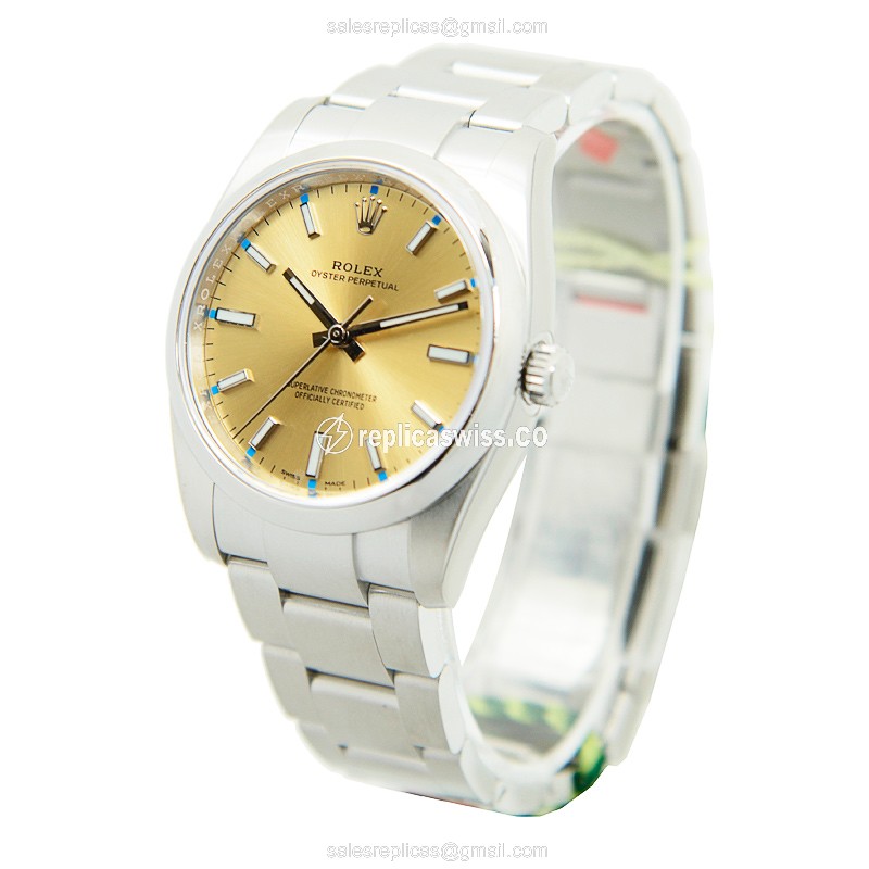 Rolex OYSTER PERPETUAL Replica - Automatic - Gold Dial on Silver Steel Strap - View 3