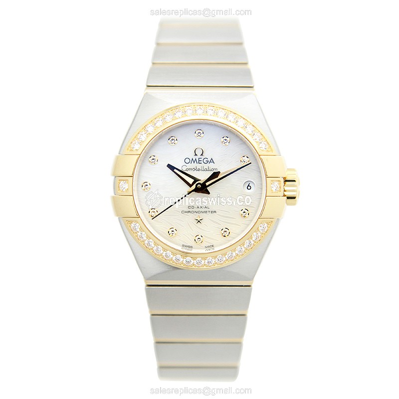 Omega Constellation Replica - Automatic - 18kt Gold & Diamond - White Dial - Silver Steel Strap - View 2