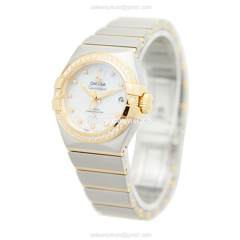 Omega Constellation Replica - Automatic - 18kt Gold & Diamond - White Dial - Silver Steel Strap - View 3