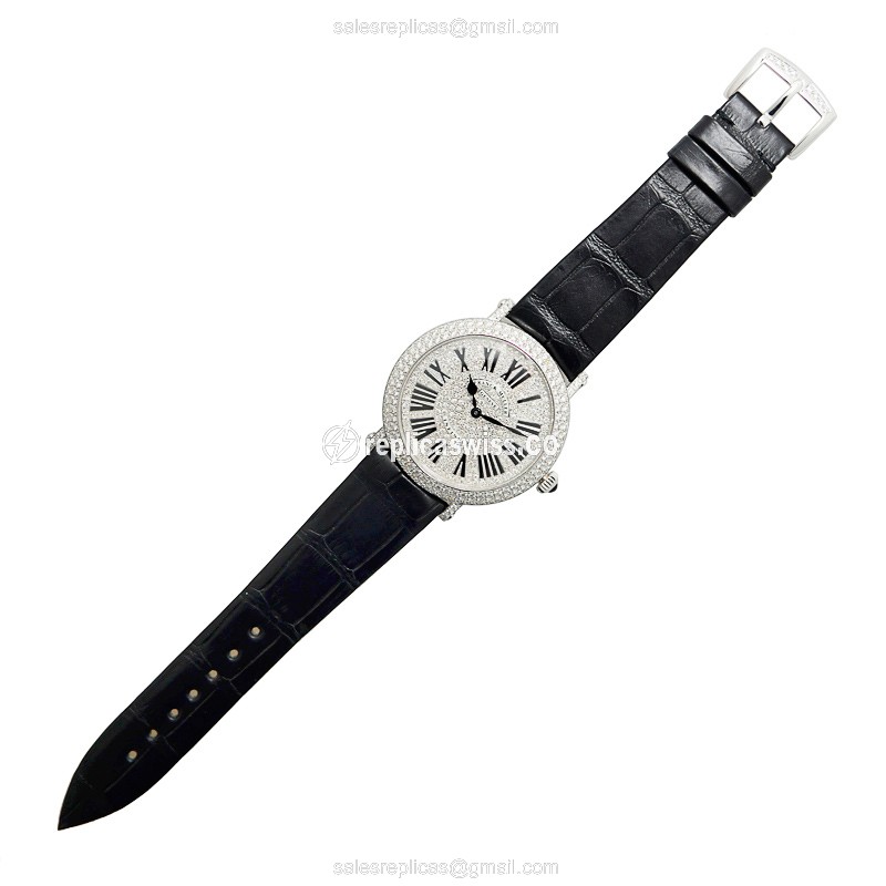 Franck Muller 8038 Replica - Quartz - 18kt White Gold - Diamond - Silver Dial, Black Alligator Strap - View 2