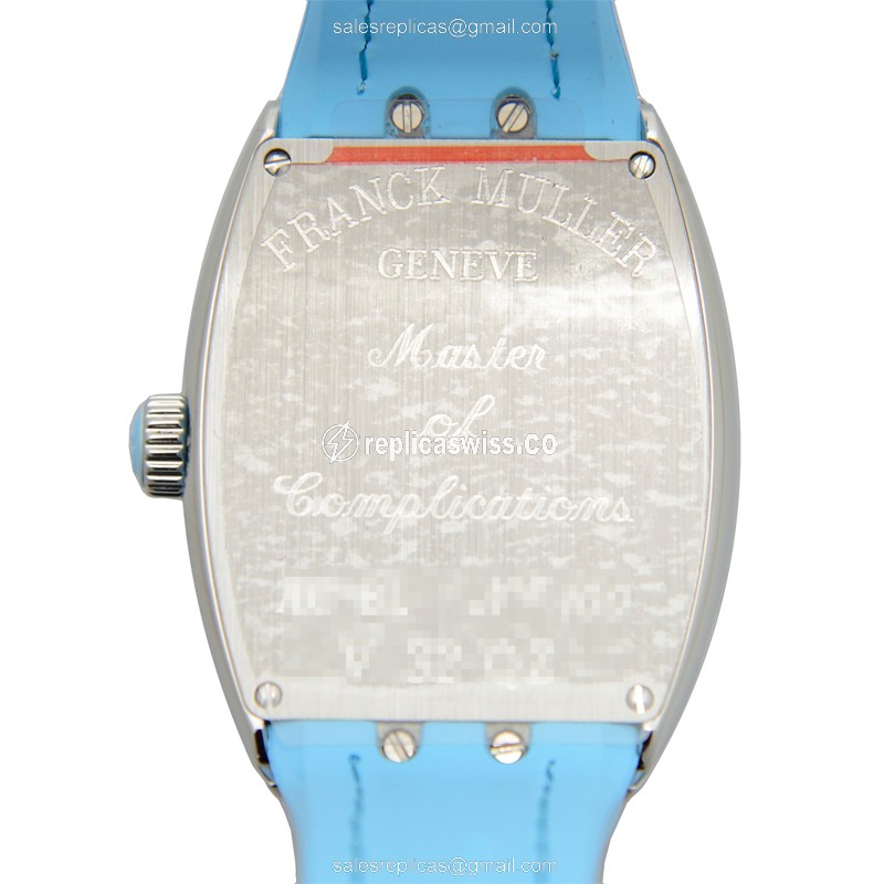Franck Muller V32 QZ Quartz - Silver Dial, Stainless Steel Case - Blue Leather Strap - View 3
