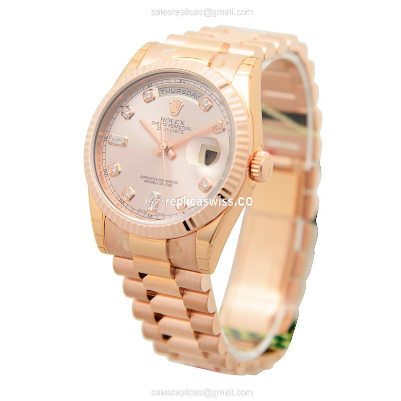 Rolex Day-Date Replica - Automatic - 18kt Gold Case - Pink Dial - View 3