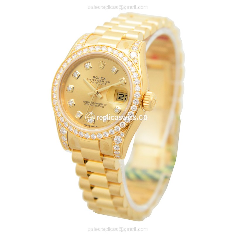 Rolex Lady Datejust Replica - Automatic - 18kt Gold Case - Diamond - Gold Dial - View 3