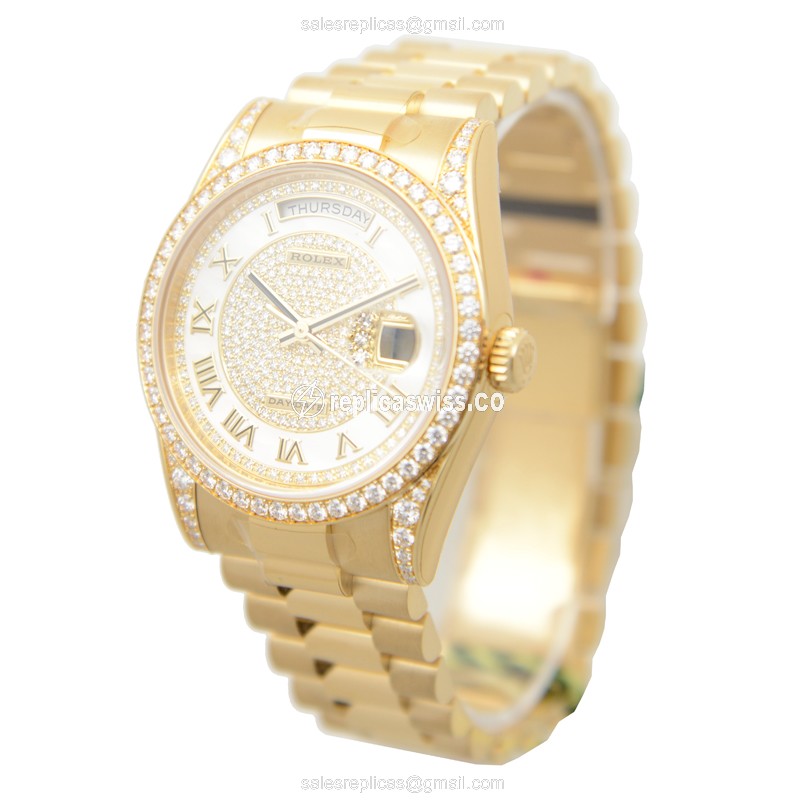 Rolex Day-Date Replica: Automatic - 18kt Gold Case - Diamond Dial - Gold Strap - View 3