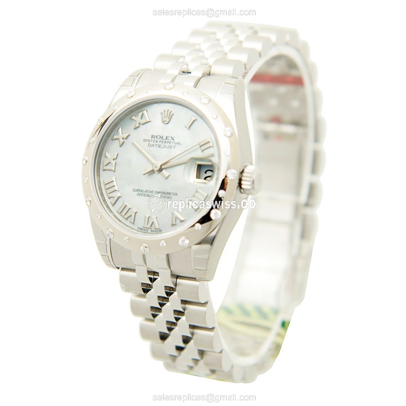 Rolex Lady Datejust Replica - Automatic - White Gold Case, Silver Dial - Steel Clasp & Strap - View 3