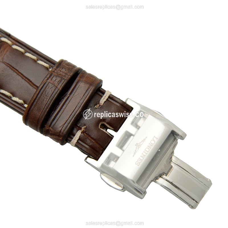 Longines EVIDENZA Replica - Automatic - Stainless Steel - Silver Dial - Brown Leather Strap - View 4