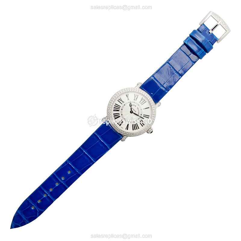 Franck Muller 8035 QZ R D Replica - Quartz - 18kt White Gold - Diamond - Silver Dial - Blue Alligator Strap - Buckle - View 2