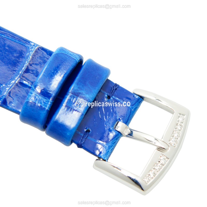 Franck Muller 8035 QZ R D Replica - Quartz - 18kt White Gold - Diamond - Silver Dial - Blue Alligator Strap - Buckle - View 4