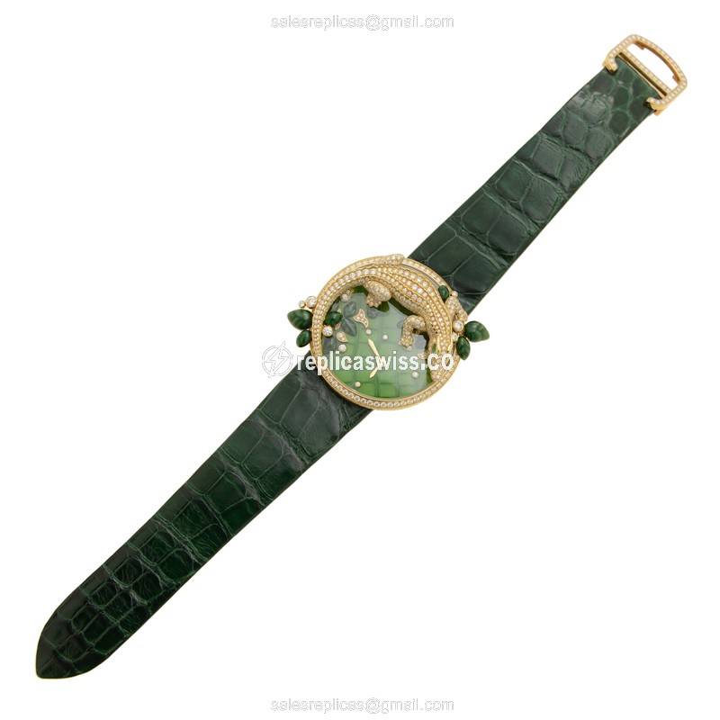 Cartier Bestiaire Replica - Quartz - 18kt Gold - Green Dial - Alligator Green Strap - View 2