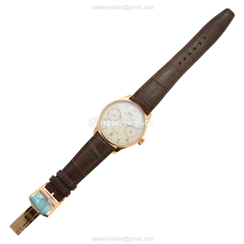 IWC Portuguese IW500701 Replica - Automatic 18kt Gold - White Dial, Brown Alligator Strap - View 2