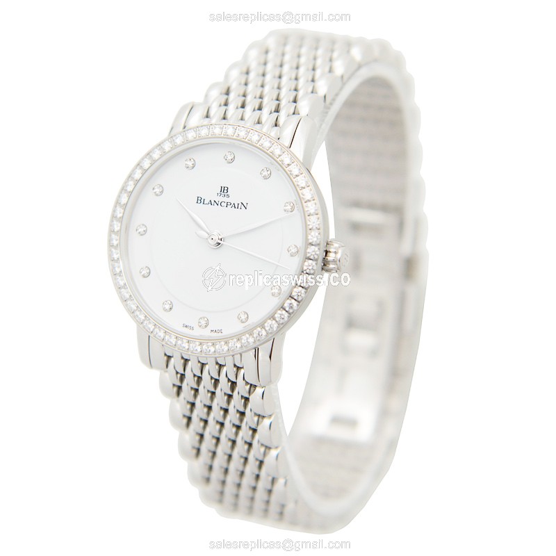 Blancpain 6102-4628A-MMB Replica - Automatic - Diamond Case - White Dial - Silver Steel Strap - View 3