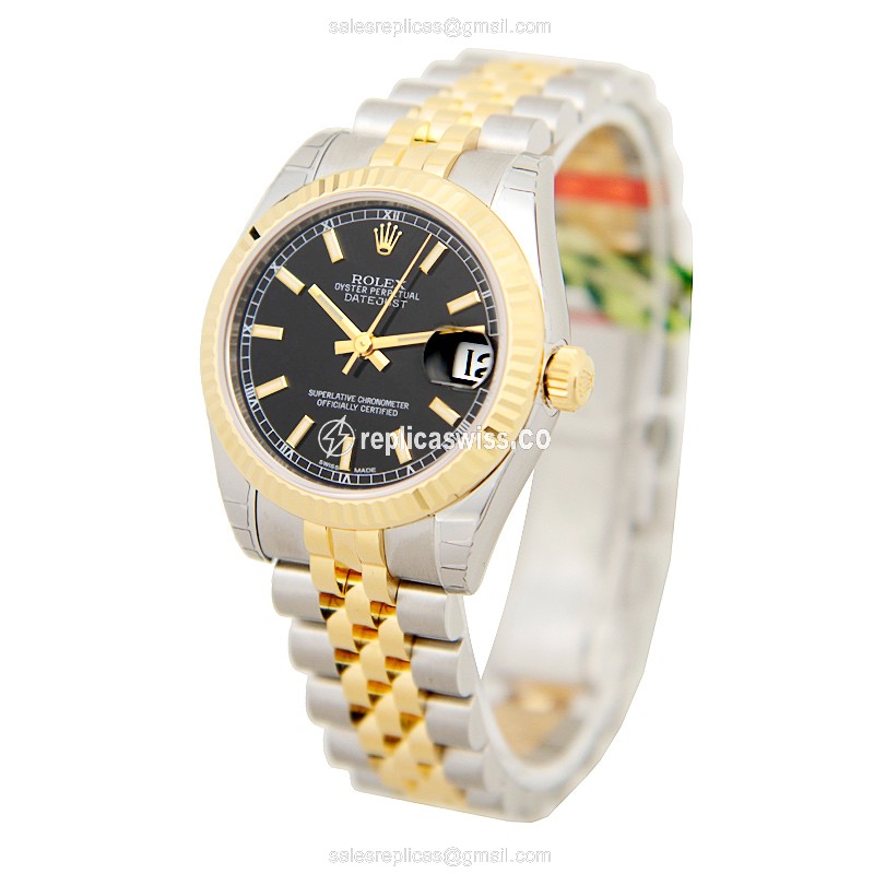 Rolex Lady Datejust Replica - 18kt Gold & Steel Case, Black Dial on Silver Strap - View 3