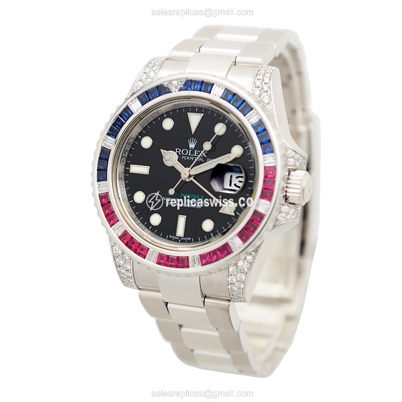 Rolex GMT-MASTER II Replica - Automatic - 18kt White Gold - Sapphire Crystal - Black Dial - Gold Clasp - Silver Strap - View 3